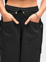 Women Black Twill Waist Drawstring Cargo Pants