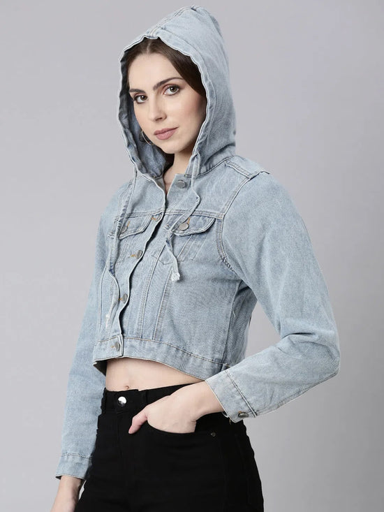 Women Blue Solid Denim Jacket-CHN-369-Blue