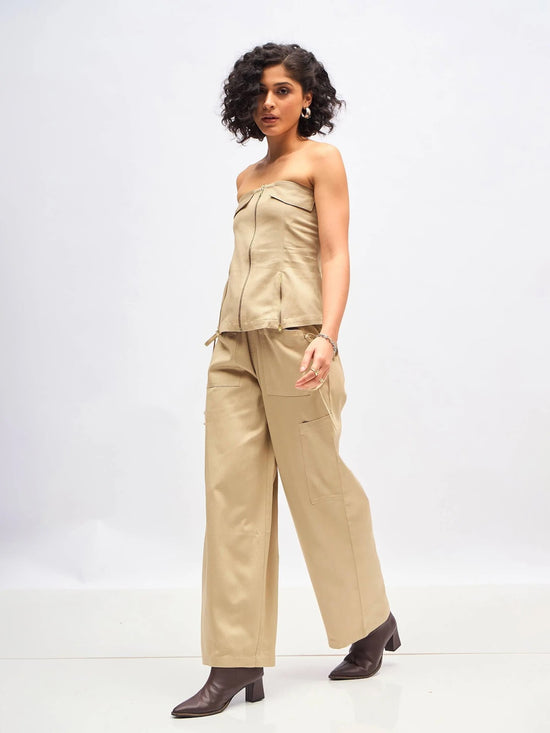 Women Beige Twill Front Zip Corset Top With Cargo Pants