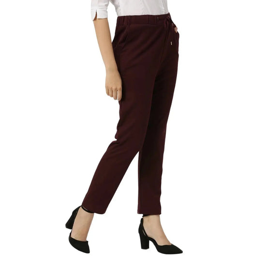 Smarty Pants Women's Cotton Lycra Ankle Length Wine Color Formal Trouser