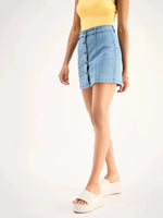 Women Blue Denim Front Button A-Line Mini Skirt