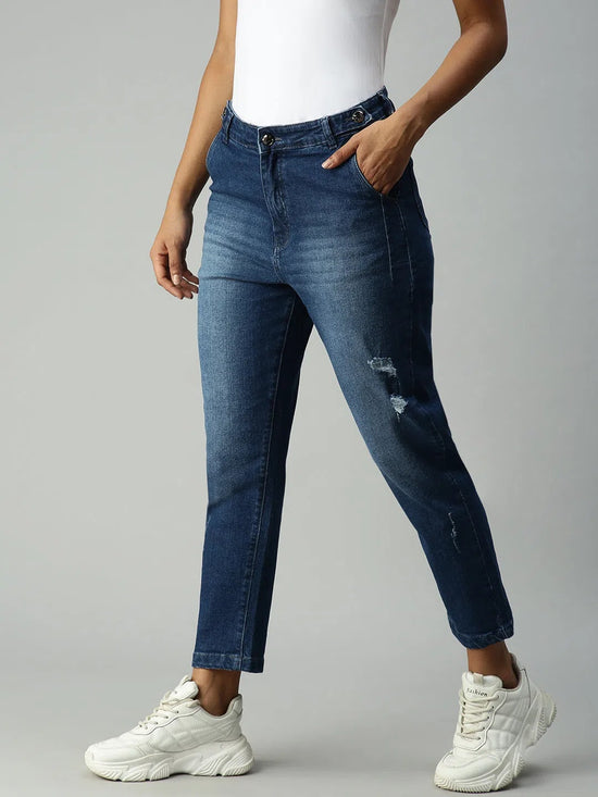 Women's Blue Solid Denim Boyfriend Fit Jeans-IM9633-Blue