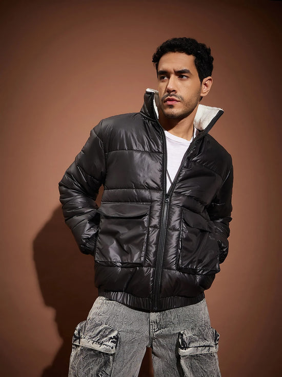 Men Black Front Pocket Puffer Jacket