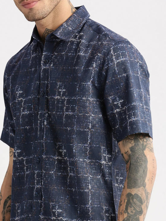 Men Spread Collar Abstract Navy Blue Casual Shirt-NAHAR-2182-Navyblue