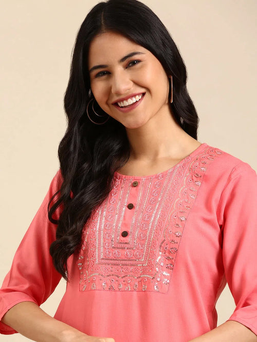 Women's Coral Solid Straight Kurta-NJ-3468222-Coral