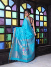 All Over Zari Weaving Sky Blue Cotton Saree With Zari Borders-MA64BCT401380026