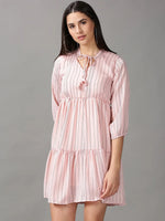 Women's Peach Striped Fit and Flare Dress-AE-15712-Peach