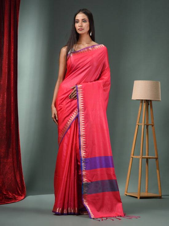 Hot Pink Blended Silk Handwoven Saree With Temple Zari Border-MA50BSL01660150