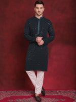 Men's Sequins Chikankari Embroidered Kurta with Pyjama.-JOKP-P-5024Peacock