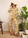 Women Olive Floral Bell Sleeves Shirt With Straight Pants