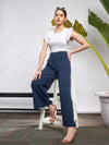 Women Blue Front Pleated Loose Fit Korean Pants