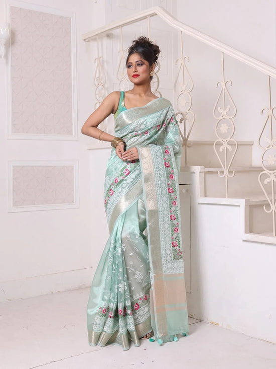 All Over Thread Embroidery Mint Green Tissue Saree With Zari Borders-MA64TIS461600005