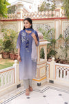 Vaasva Women Blue Tabby Slik Print & Embroidered Kurta, Pant & Dupatta Set