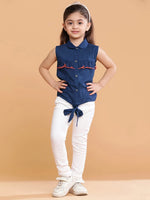 Tales & Stories Navy Blue Cotton Spread Collar Top For Girls