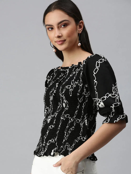 Women Black Printed Fitted Top-AE-10276-Blackwhite