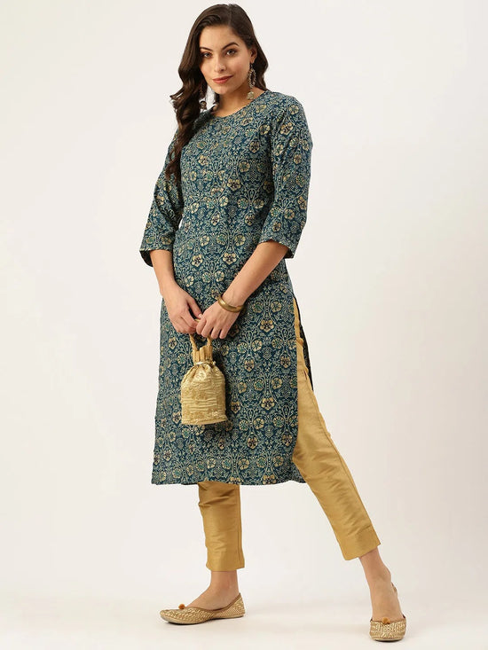 Women's Blue Printed Straight Kurtas-HO-1425-Teal