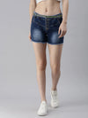 Women's Blue Solid Denim Shorts-LT-7422-Blue