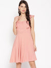 Frill sleeve front button skater dress in dusty pink