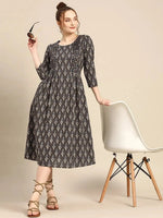 front tucks with flare midi dress in Grey Print