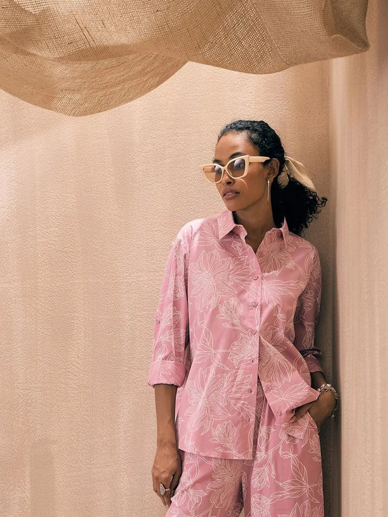 Women Pink Poplin Floral Shirt With Straight Pants