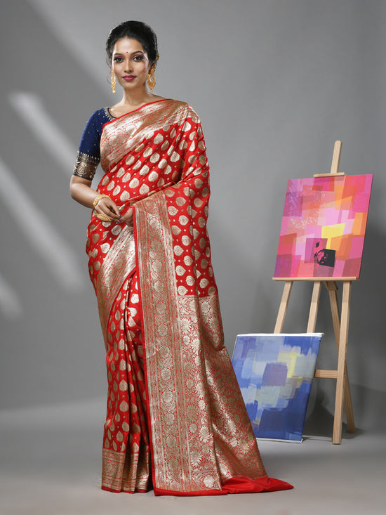 Red Silk Banarasi Saree With Damask Motifs And Woven Degins-MA52BSL441050099