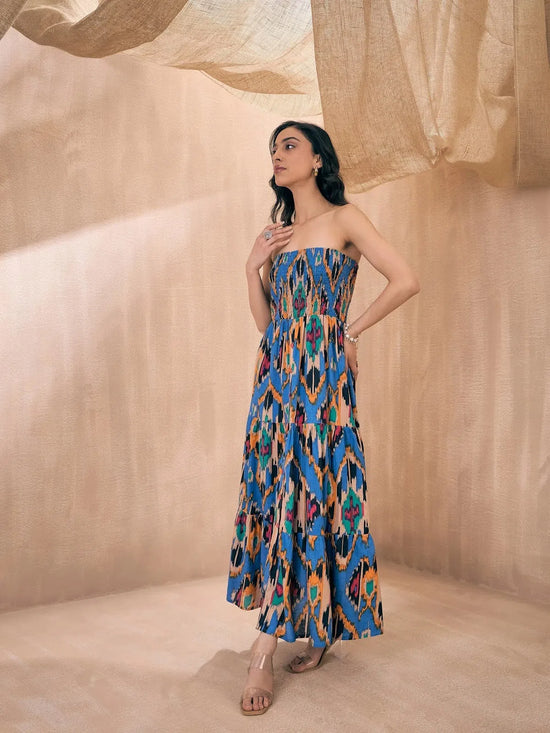 Women Blue Ikat Print Tube Maxi