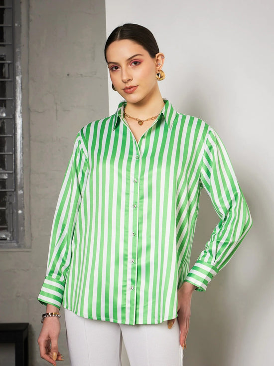 Women Green & White Satin Striped Shirt