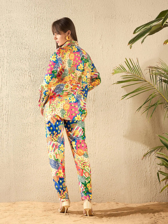 Women Yellow Multi Satin Shirt With Darted Pants