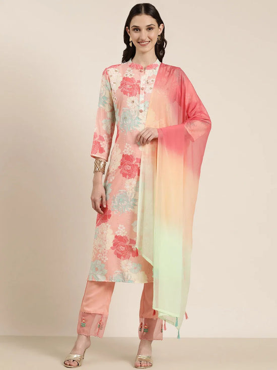 Women Peach Floral Kurta Set-UB-005-Peach