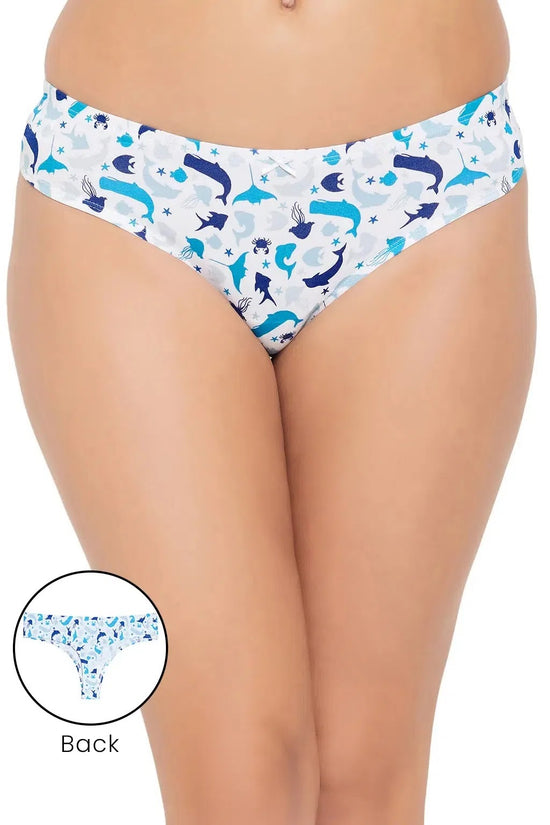 Clovia Low Waist Dolphin Print Thong in White with Inner Elastic - Cotton