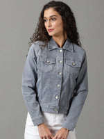 Women's Grey Solid Denim Jacket-LT-JKT-105372-Grey