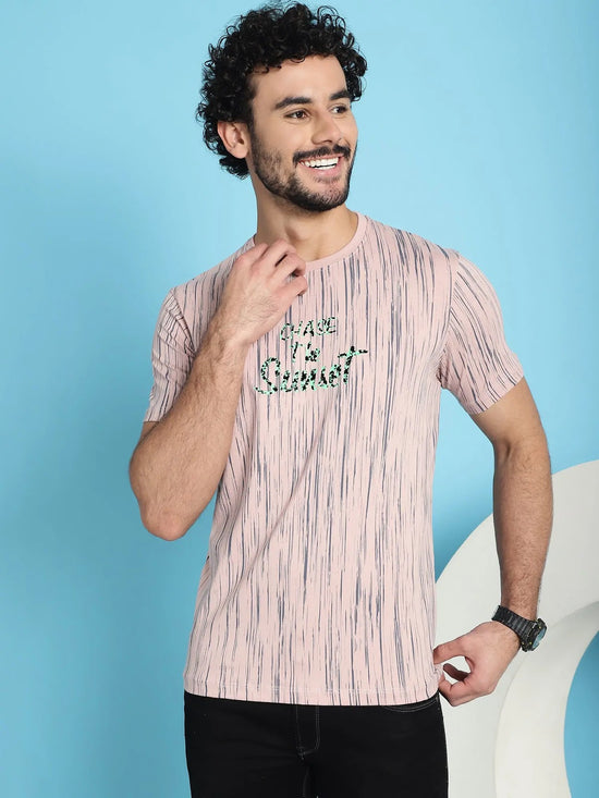 Venitian Men Printed Round Neck Pink Cotton Lycra T-Shirt