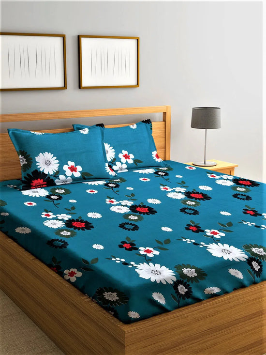 Home Sizzler 144TC Microfibre Blue Double Bedsheet With 2 King Size Pillow Covers-HSDBS004093