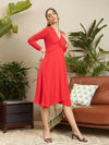 Women Red Front Twisted Midi Dress