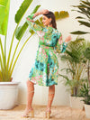 Women Green Placement Floral Wrap Neck Dress