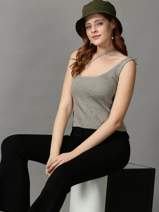 Women's Grey Solid Fitted Crop Top-OC-A1233-1-Grey