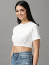 Women's White Solid Cinched Waist Crop Top-AE-10504-White