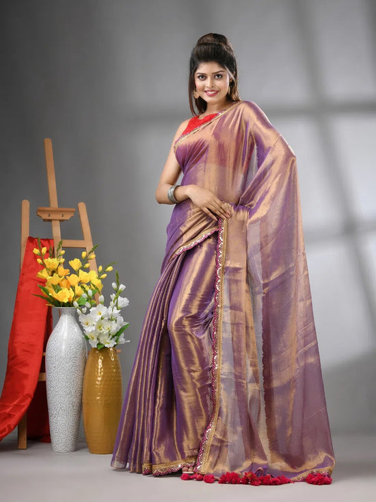 Purple Shimmer Tissue Saree With Gota Patti Borders-MA62TIS33990011