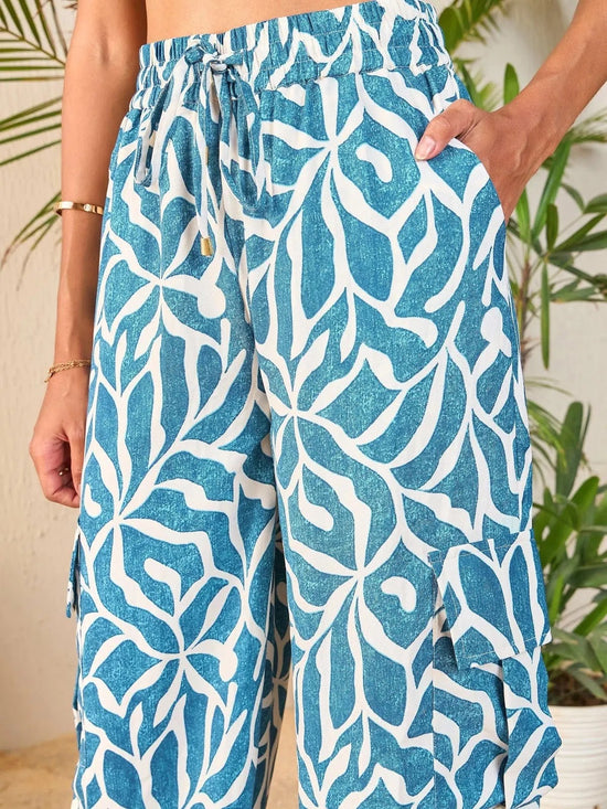 Women Teal Abstract Print Shirt With Cargo Pants