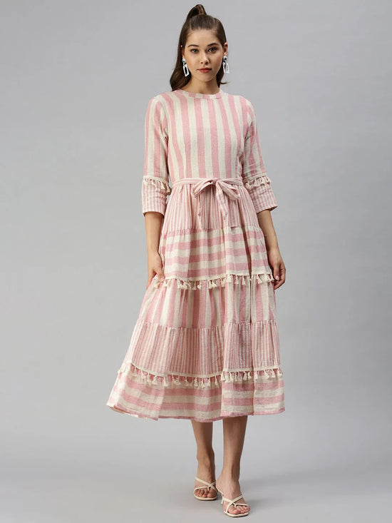 Women's Off White Printed Fit and Flare Dress-AE-2260-Offwhitepink