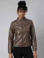 Women Solid Brown Biker Jacket-TA-06-Brown