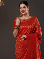 Saree Mall Women's  Blend Red Woven Design Designer Saree With Blouse Piece-14ALEKHA1402