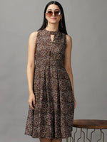 Women's Coffee Brown Floral Fit and Flare Dress-AE-15707-Coffeebrown