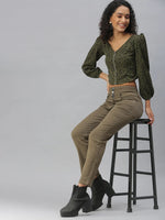 Women's Green Printed Tops-AE-10312-Oliveblack