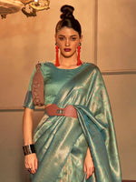 Saree Mall Women's  Blend Sea Green Woven Design Handloom Saree With Blouse Piece-KANVI6006