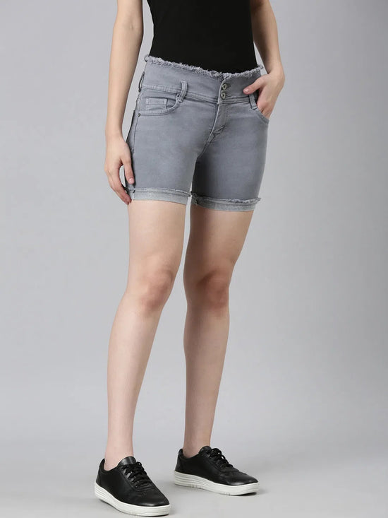 Women Grey Solid Denim Shorts-LT-S-102244-Grey