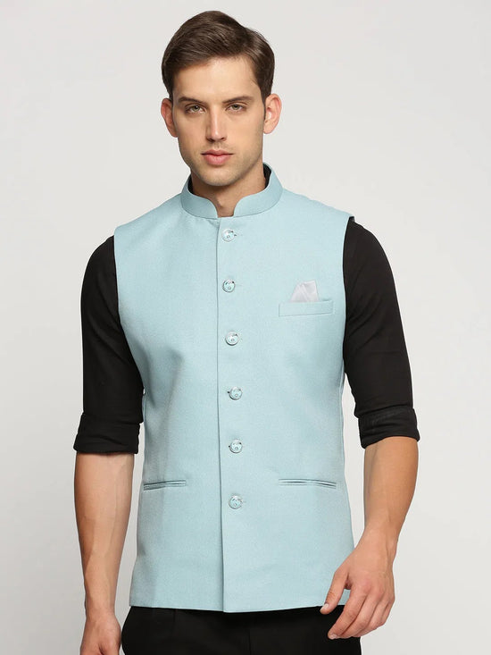 Men Blue Mandarin Collar Solid Nehru Jacket-AK-12527-12-Blue