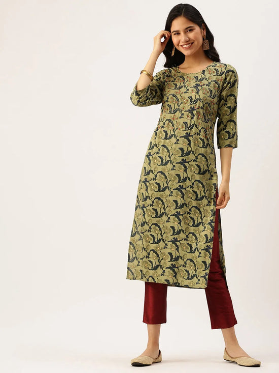 Women's Green Printed Straight Kurtas-NJ-3030399-Green