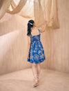 Women Blue Poplin Floral Ruffle Neck Smocked Skater Dress