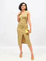 Women Khaki Rib Front Button Bodycon Midi Dress